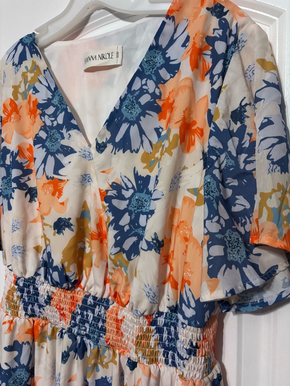 Hanna Nikole Floral V-Neck Midi Dress in White, Blue & Coral 16W - Picture 5 of 12